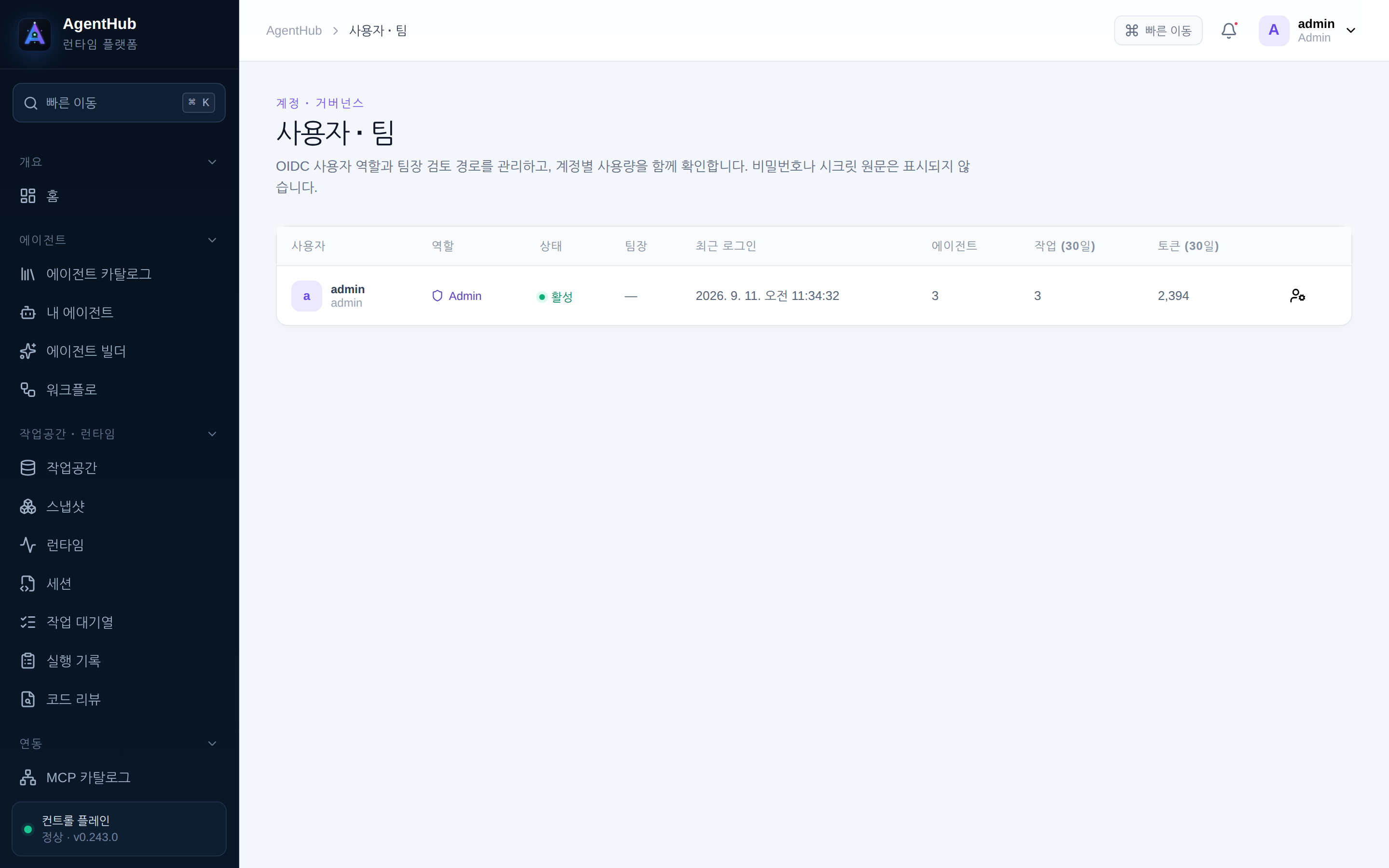 관리자 · 사용자 · 팀 — 역할과 부서, 마지막 로그인