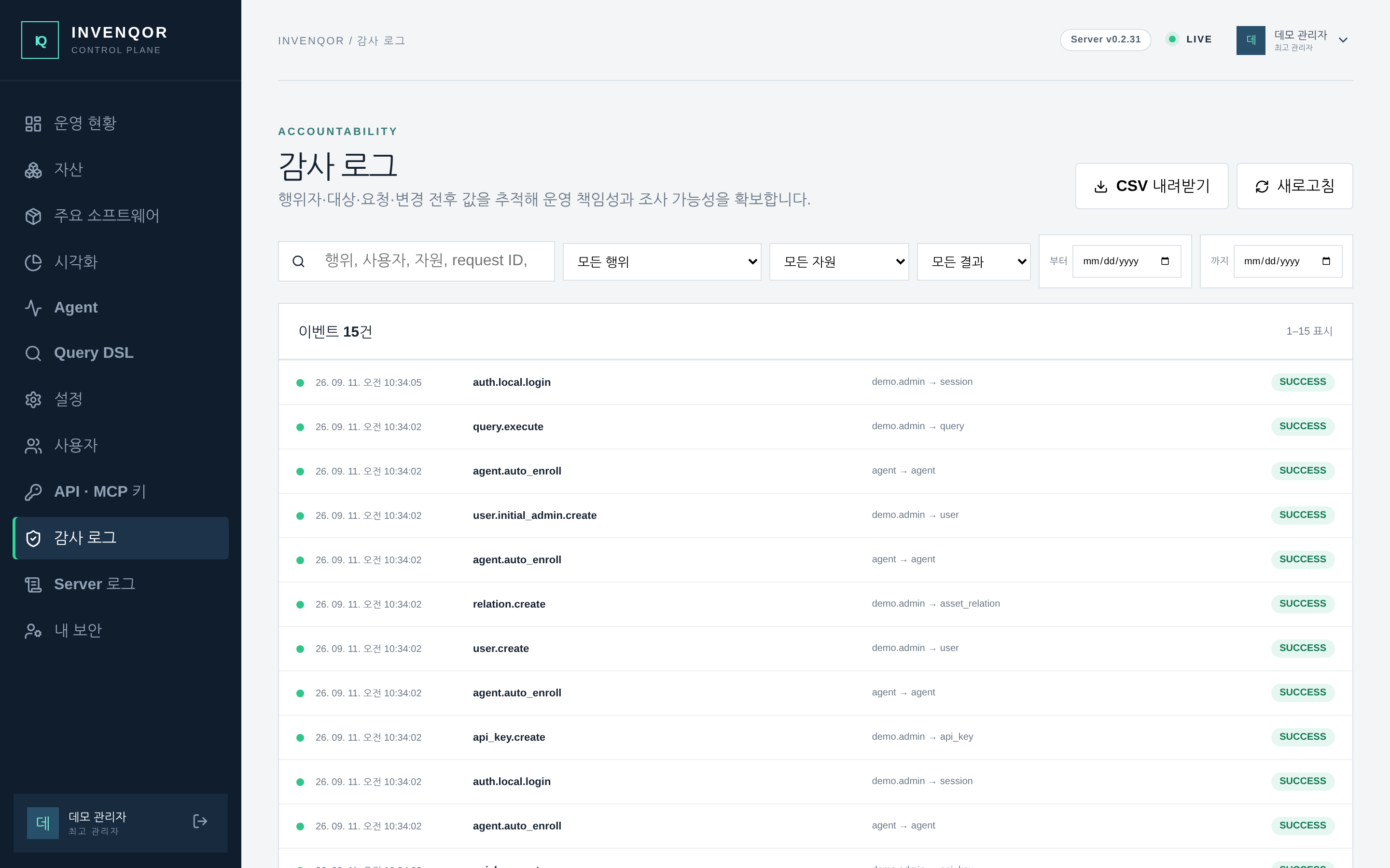 감사 로그 — 행위·자원·결과·기간으로 검색하고 행마다 행위자와 대상, 결과를 확인한다