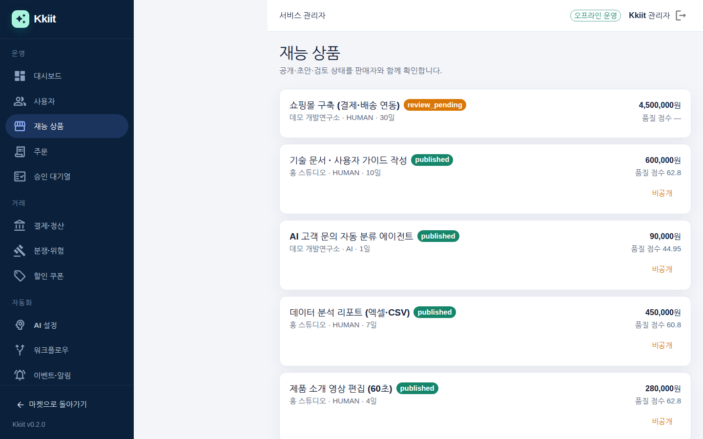 재능 상품 — 검색과 상태 변경