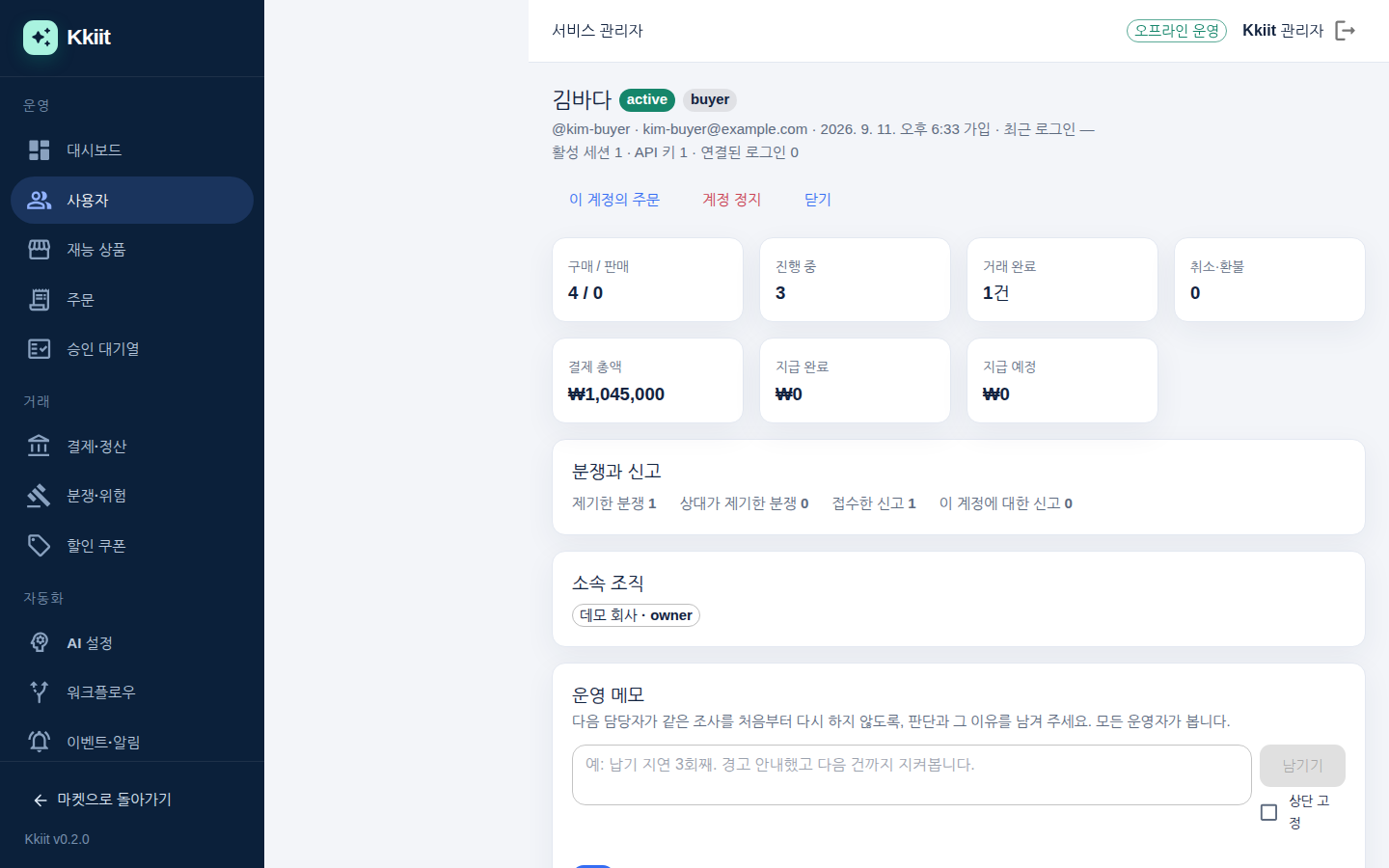 사용자 상세 — 거래·분쟁·신고·조직과 운영 메모를 한 화면에