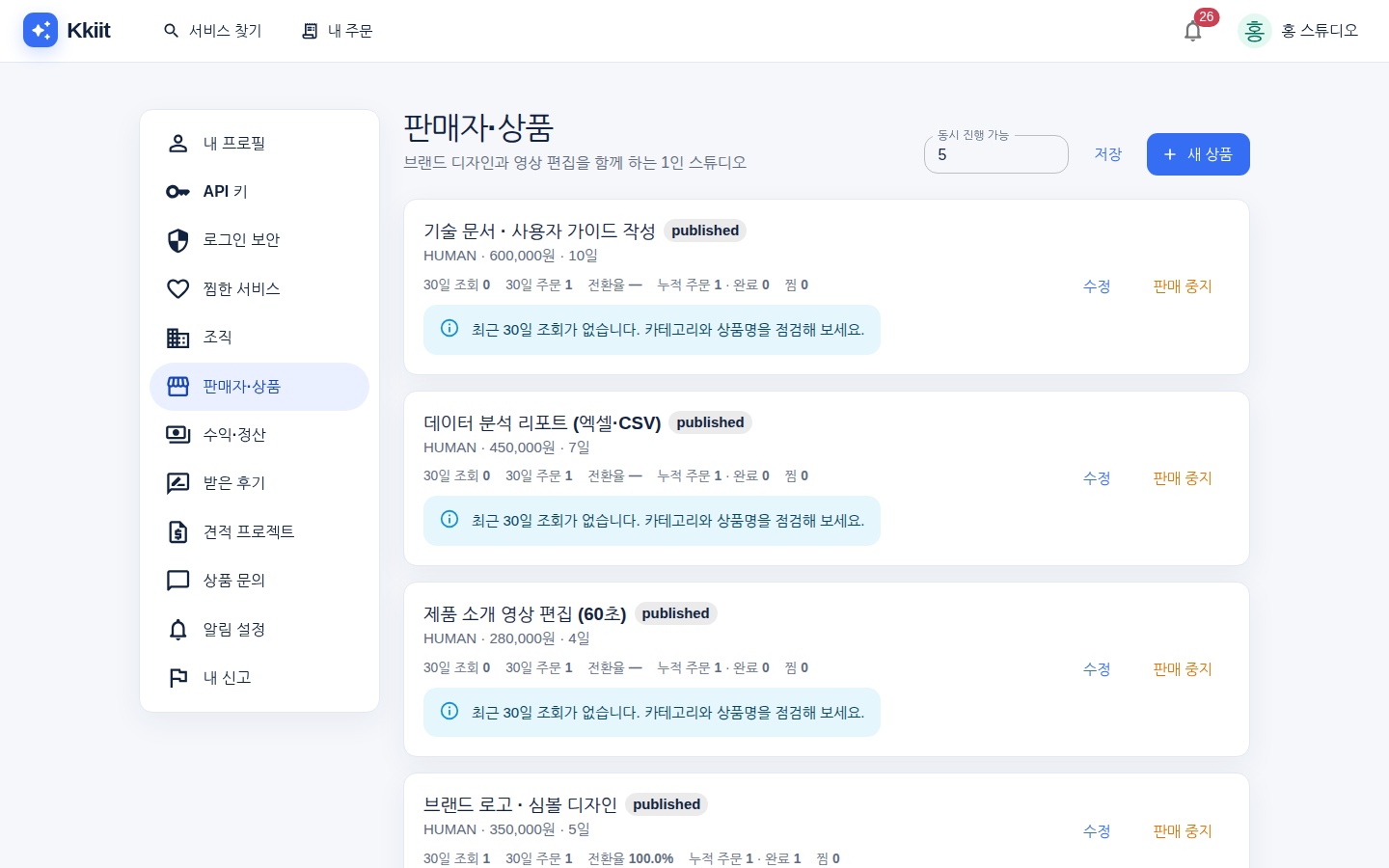 판매자·상품 — 내 상품 목록과 30일 조회·주문·전환율