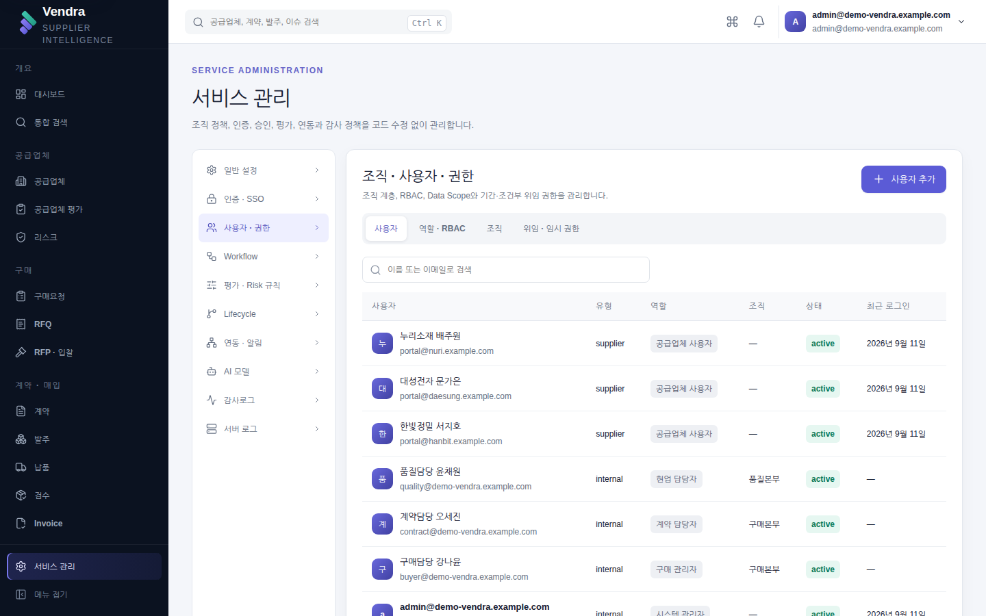 사용자 · 권한 — 계정 목록과 유형·역할·조직·상태·최근 로그인