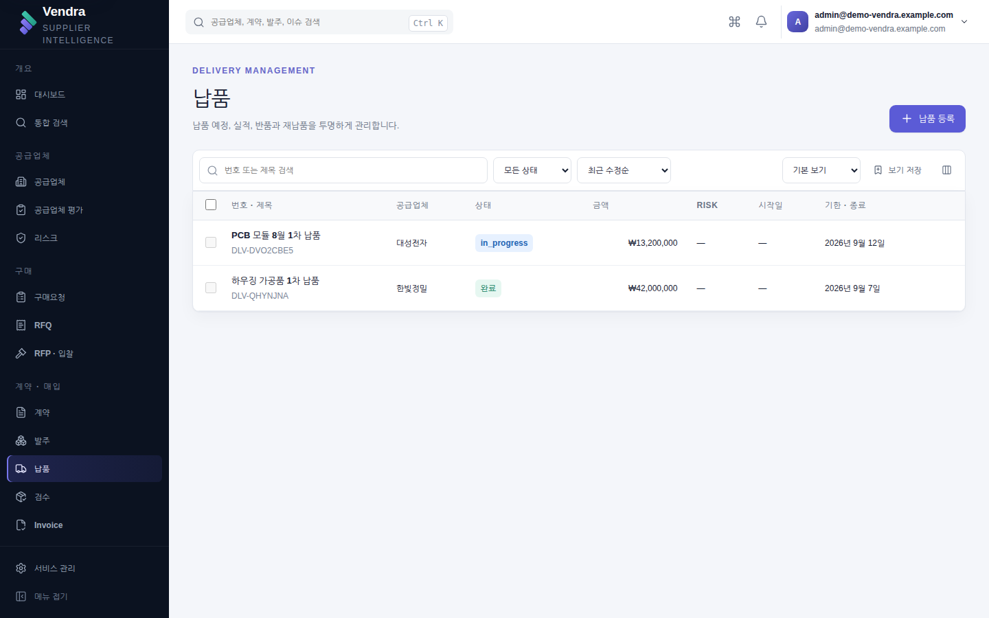 납품 목록 — 예정일과 실제 진행 상태