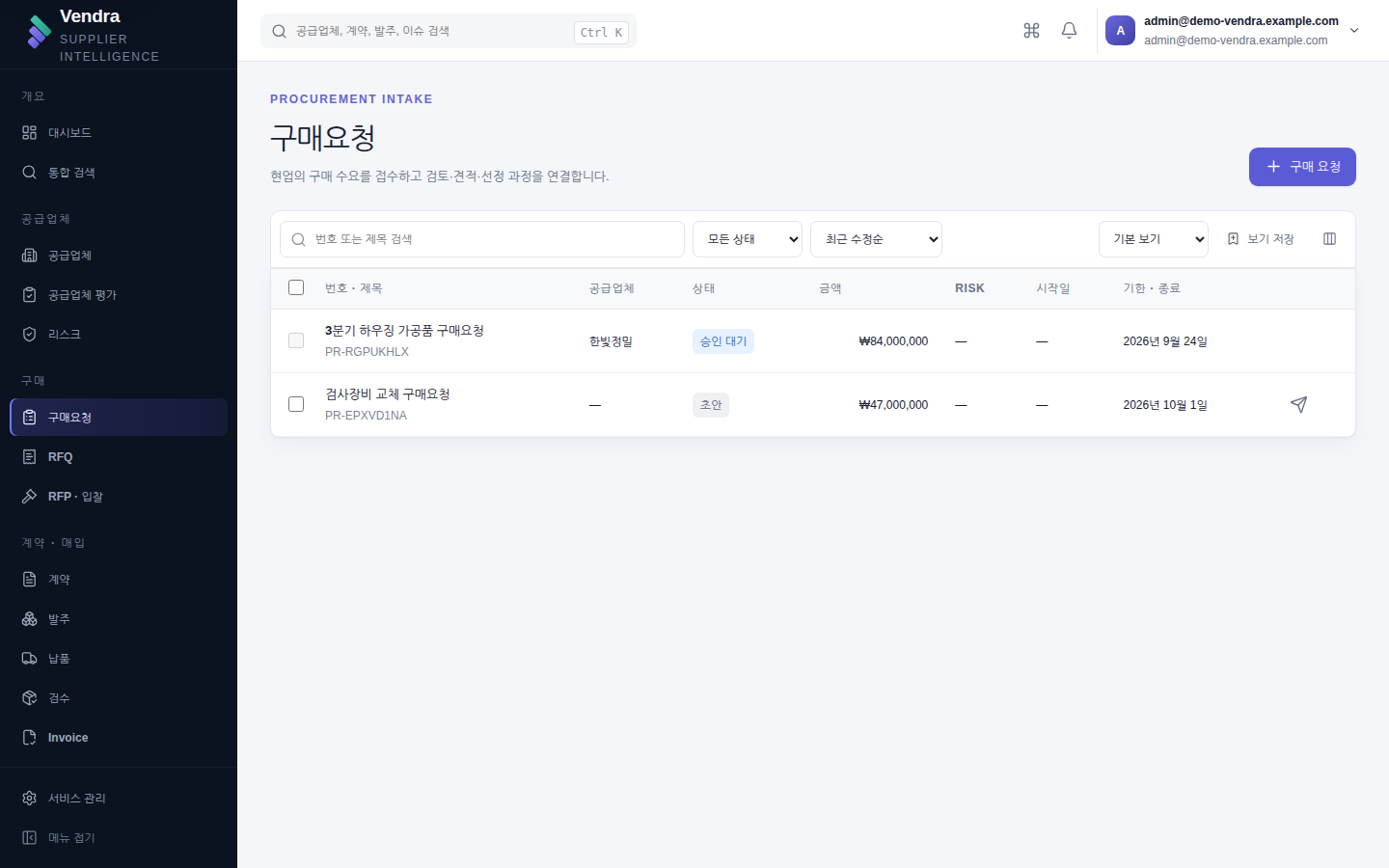 구매요청 목록 — 금액과 마감일로 정렬해 상신 대상을 고른다
