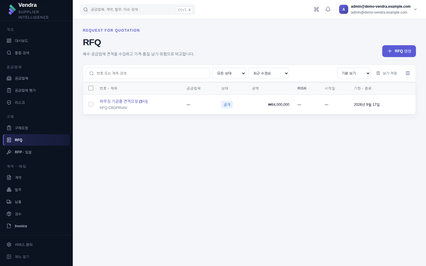 RFQ 목록 — 진행 중인 견적요청