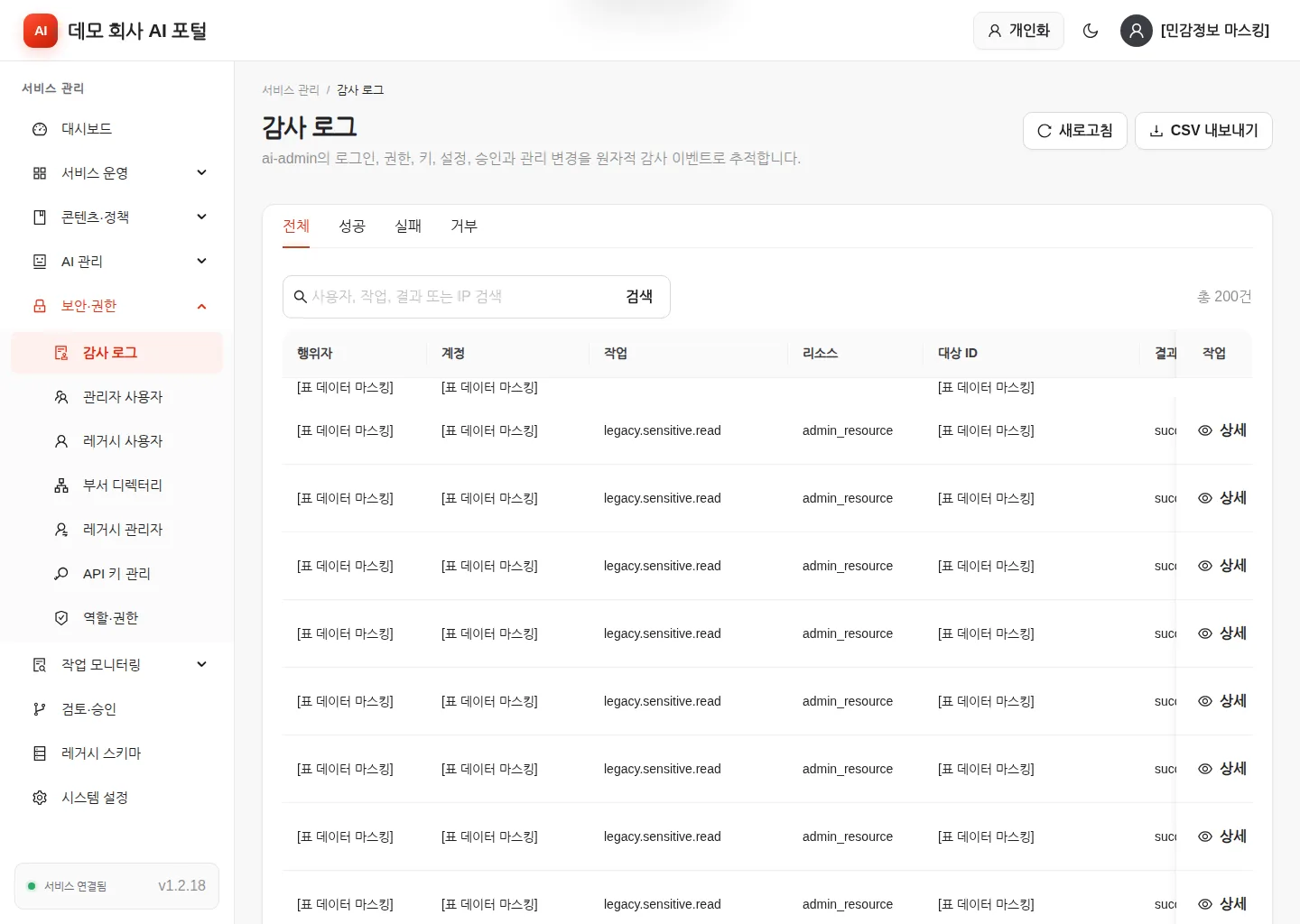 감사 로그 — 결과별 탭, 검색, CSV 내보내기