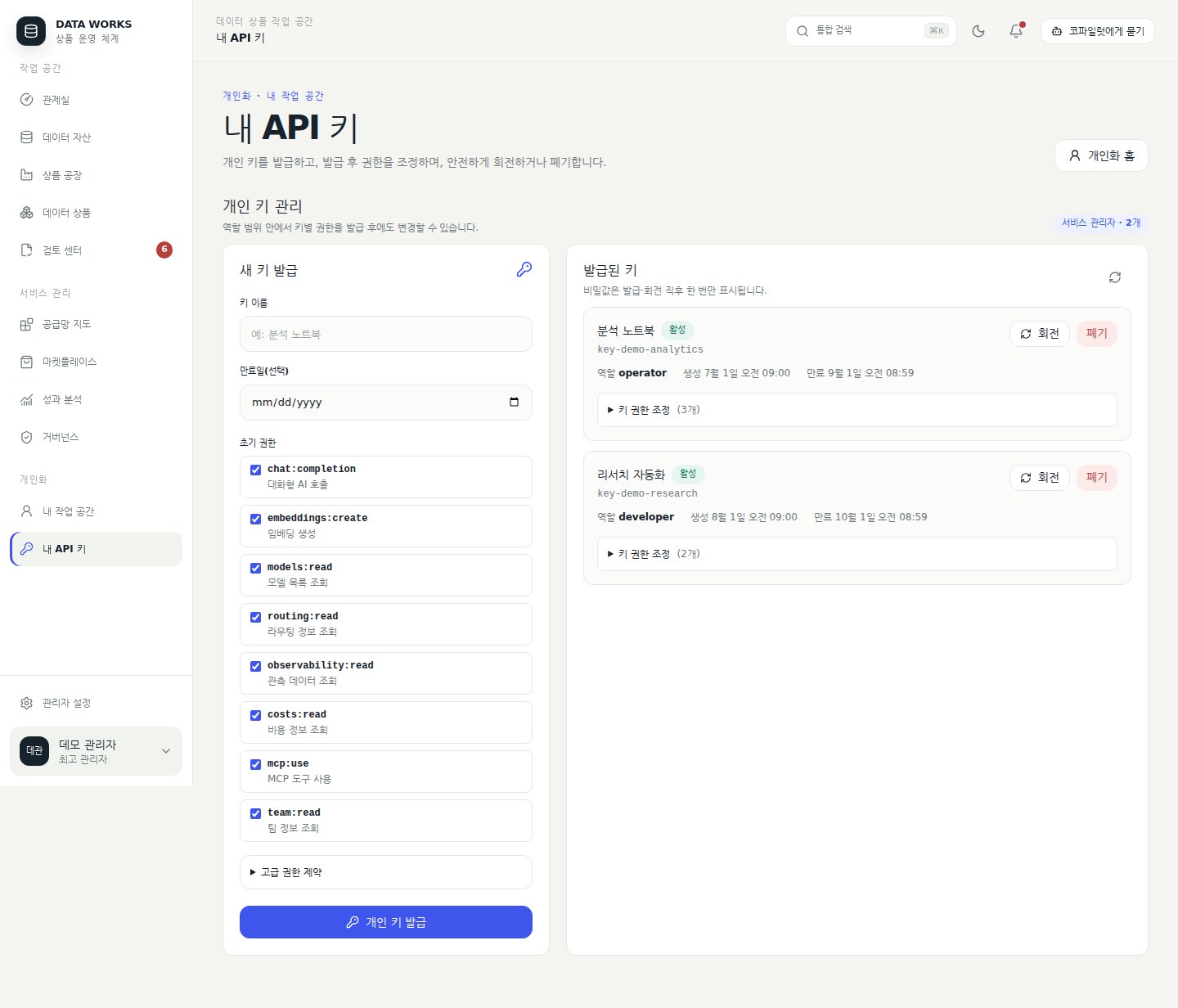 내 API 키 — 키별 Scope, IP·모델 제한, 예산과 만료를 발급 후에도 조정한다