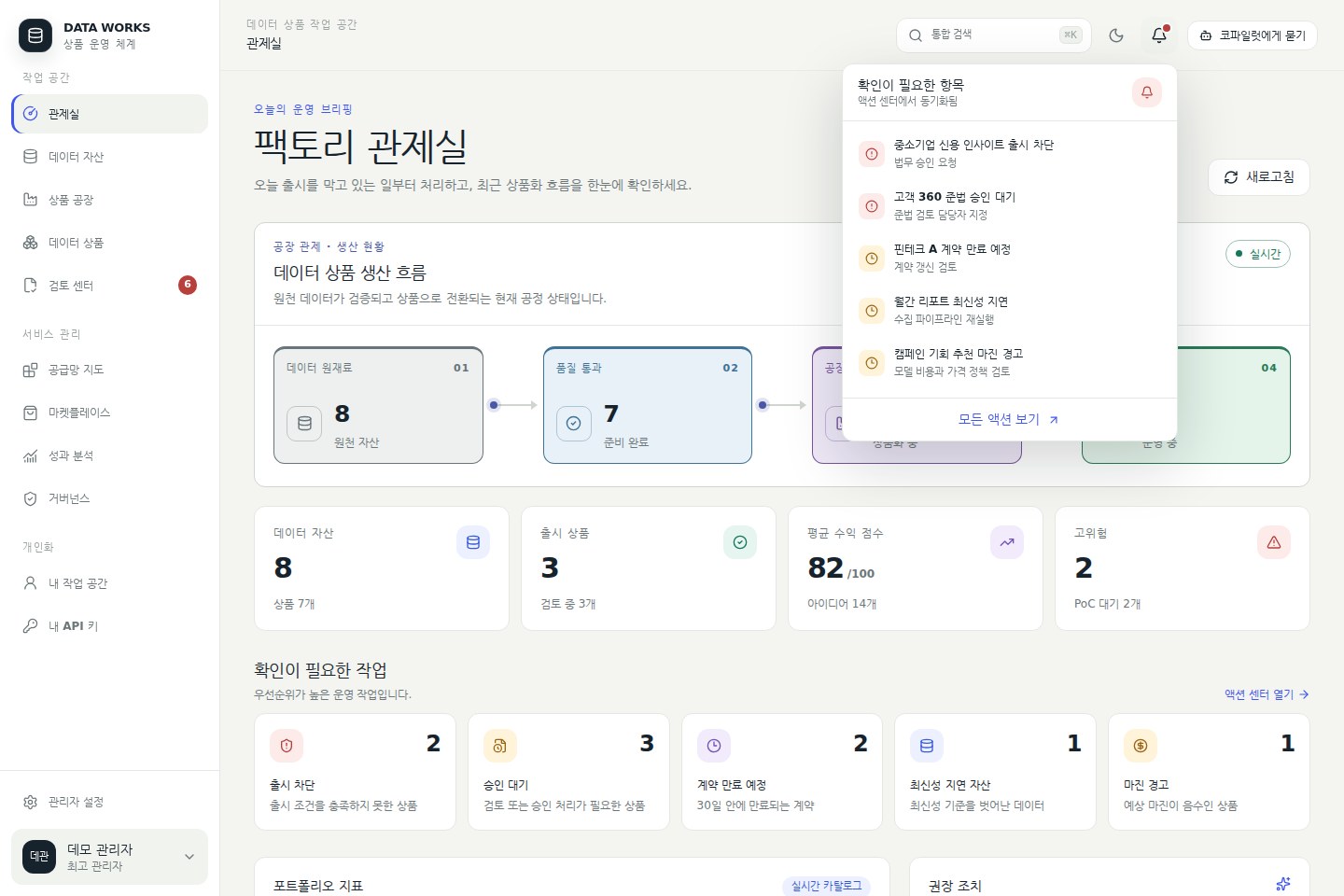 알림 센터 — 승인 대기와 출시 차단 등 운영 신호를 모아 보여준다