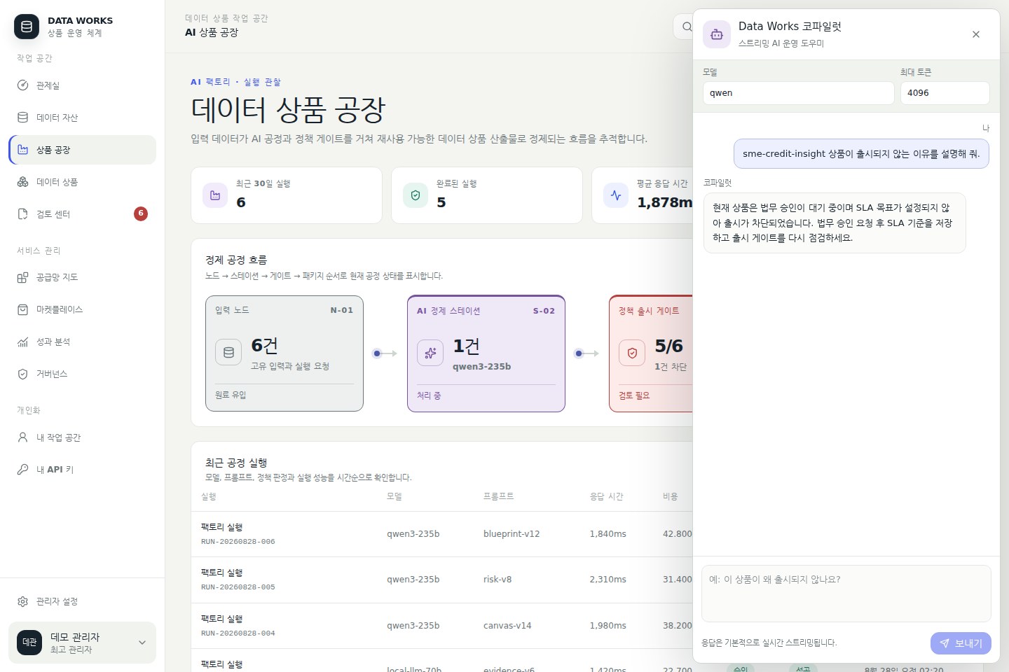 Data Works 코파일럿 — 현재 상품의 출시 차단 이유를 묻고 스트리밍 답변을 받는다