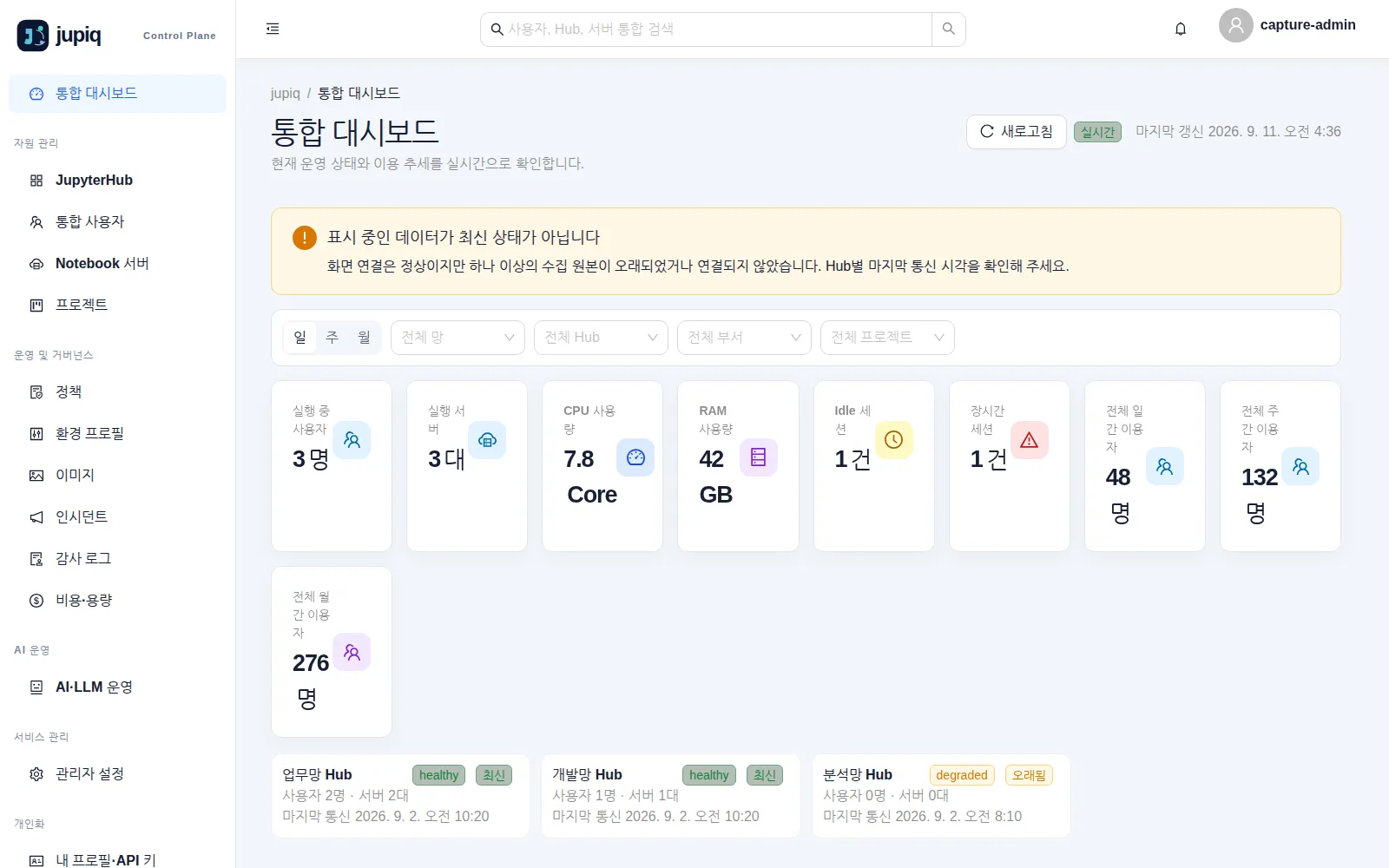 데이터가 오래됐을 때 — "표시 중인 데이터가 최신 상태가 아닙니다" 경고와 degraded·오래됨 배지