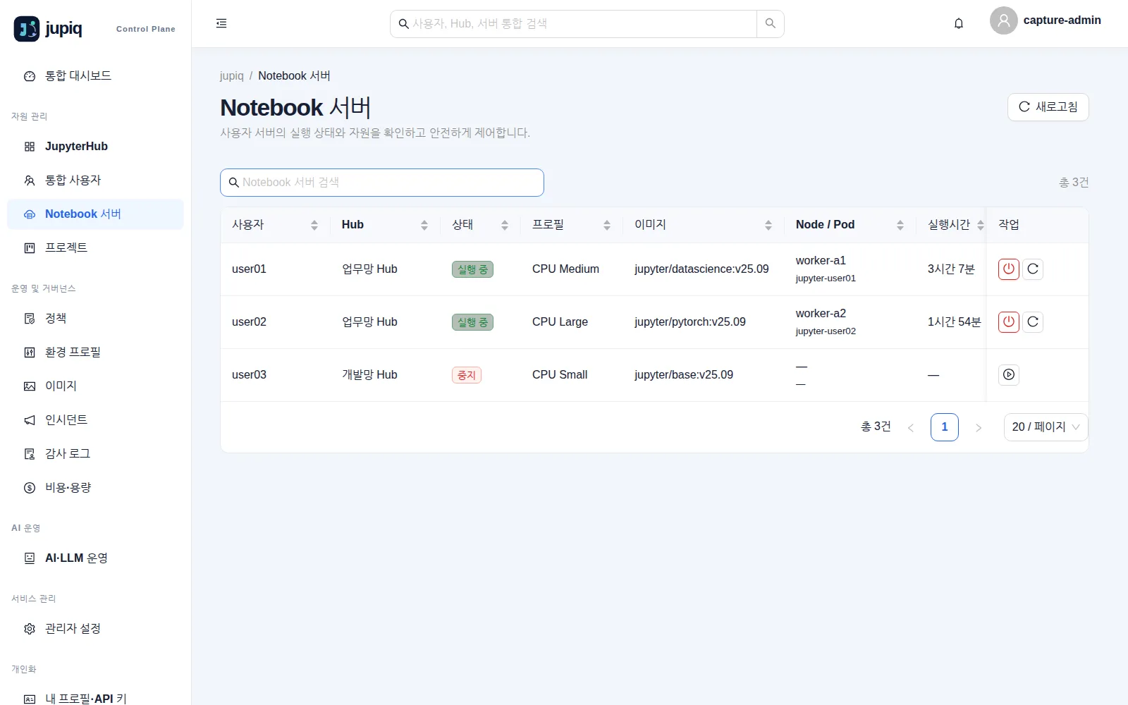 Notebook 서버 — 상태·프로필·이미지·Node/Pod·실행시간과 오른쪽 작업 버튼