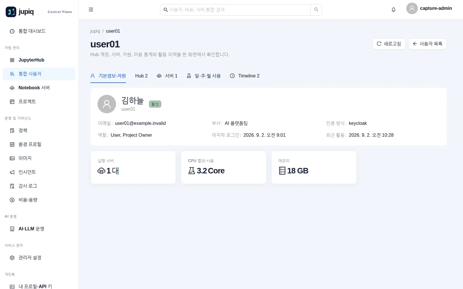 사용자 상세 — 기본정보·자원, Hub, 서버, 일·주·월 사용, Timeline 탭