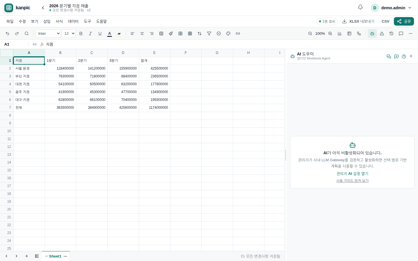 AI 도우미 패널 — 관리자가 사내 LLM Gateway 를 켜지 않은 상태에서는 이렇게 안내한다