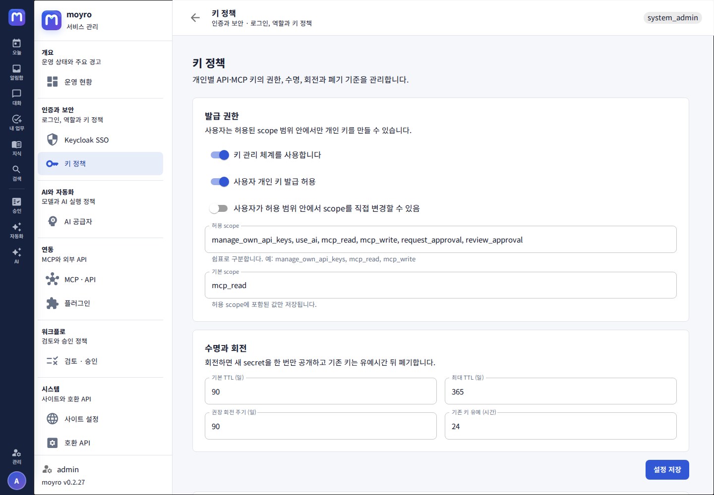 키 정책과 역할별 permission — 발급 범위·수명·회전과 RBAC 편집