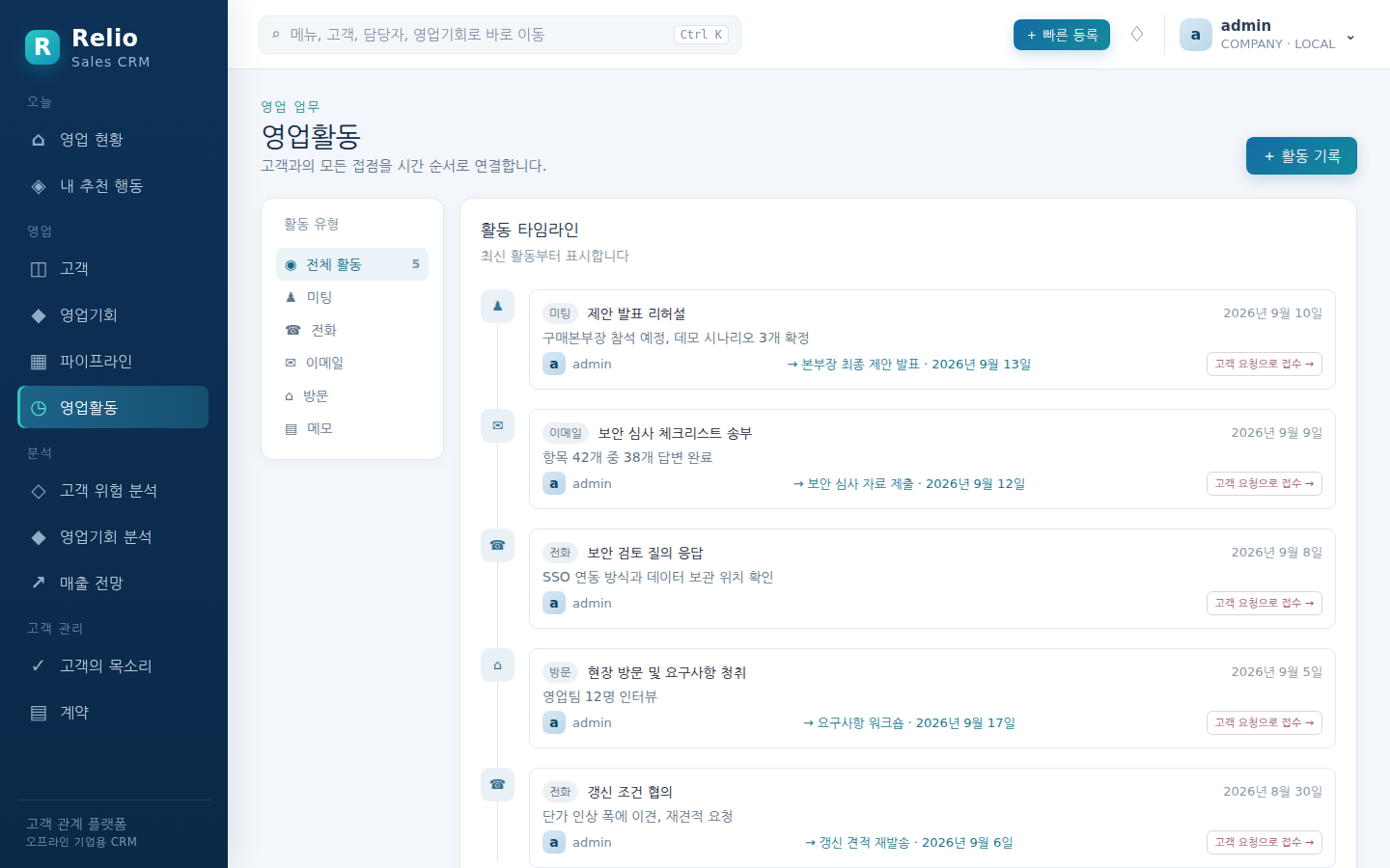영업활동 — 고객 접점을 시간 순으로 기록하고 다음 행동을 남긴다