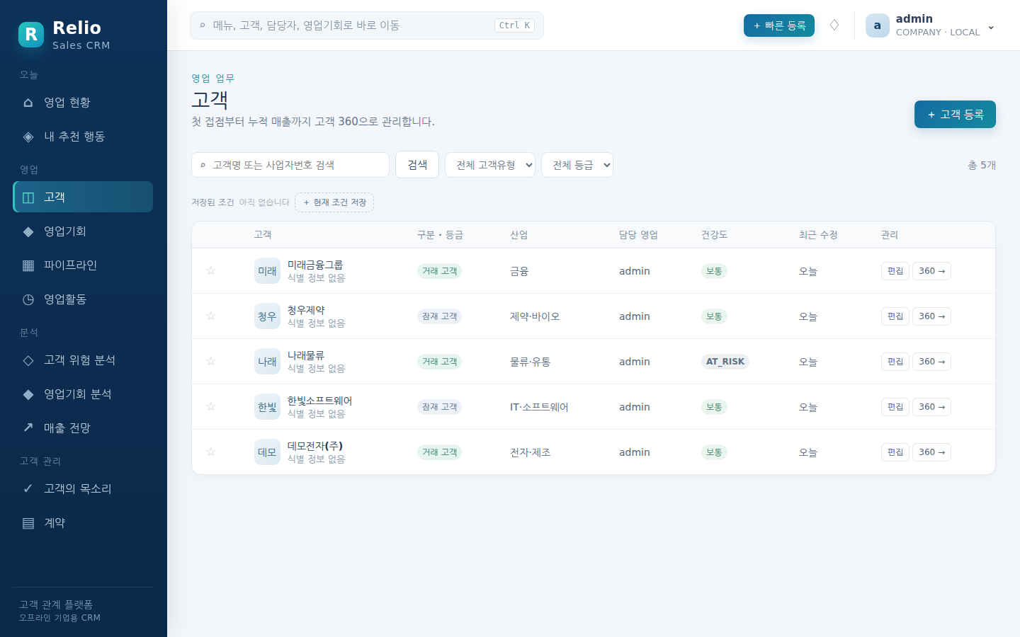 고객 — 담당 범위의 고객 목록과 건강도, 즐겨찾기 별표