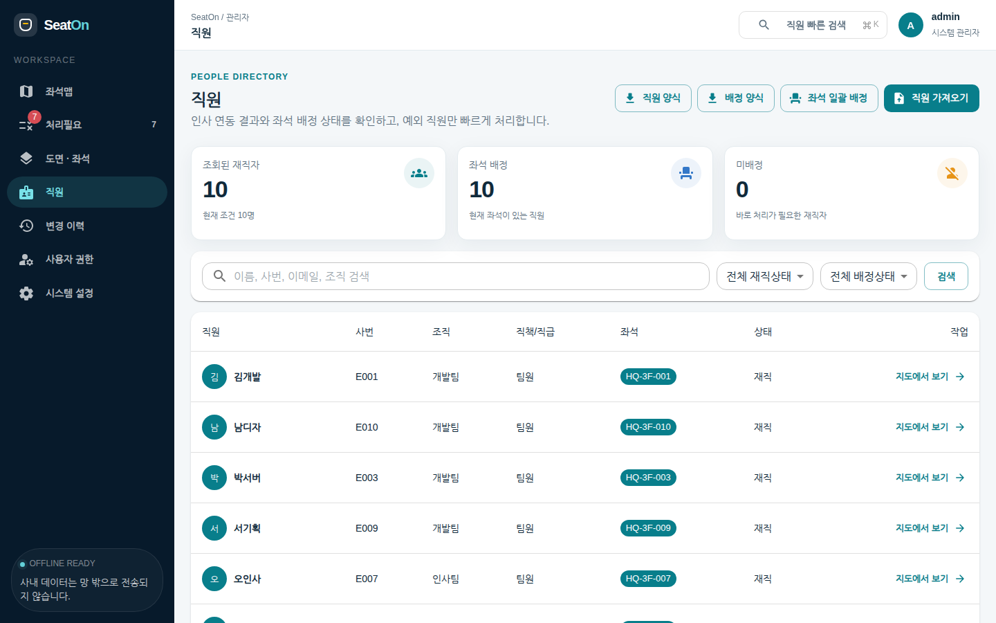 직원 — 조회된 재직자·좌석 배정·미배정 집계, 검색과 상태 필터, 직원 목록. 오른쪽 위에 직원 양식·배정 양식·좌석 일괄 배정·직원 가져오기