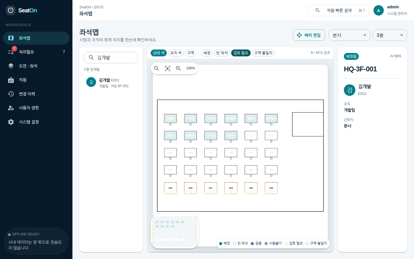검토 필요 필터 — 인식 신뢰도가 낮은 6석만 남기고 나머지는 흐려진다