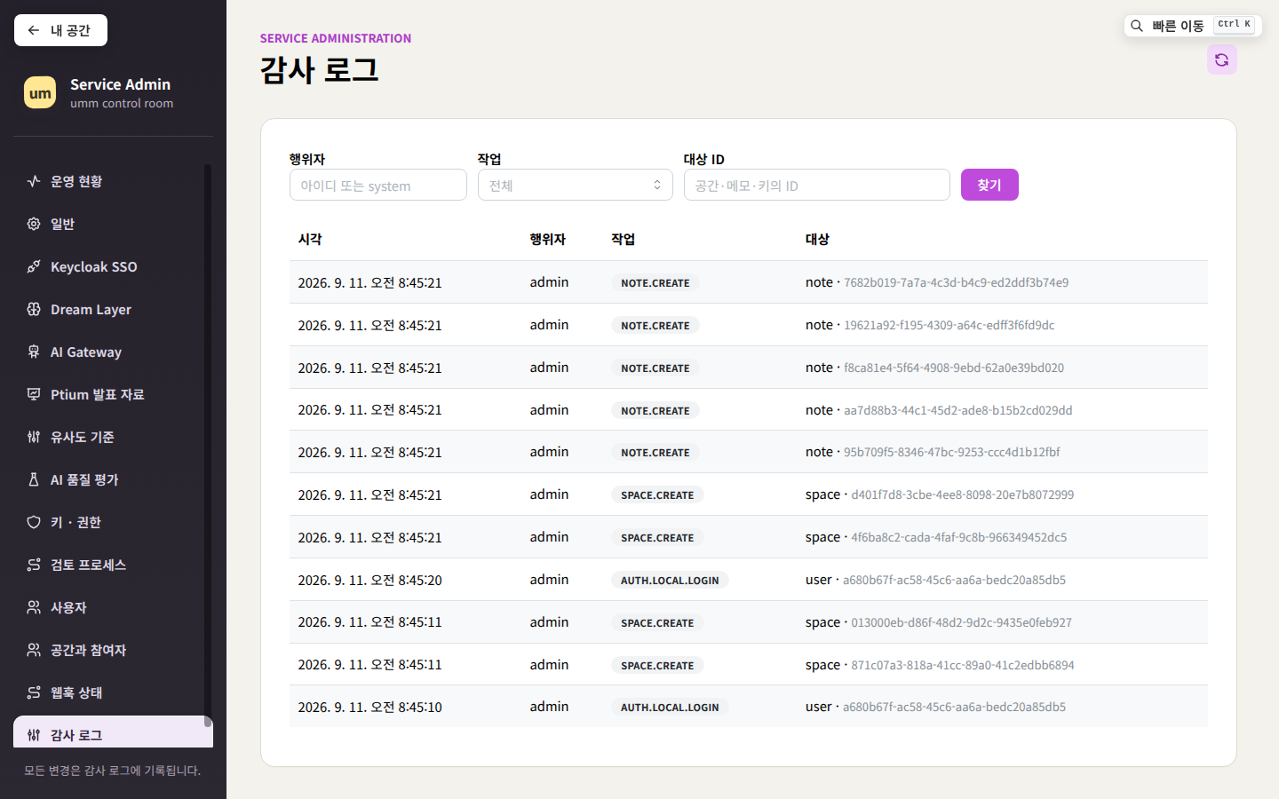 감사 로그 — 시각·행위자·작업·대상. 설정 변경, 역할 변경, 키 발급, 승인, 웹훅 멈춤이 남는다