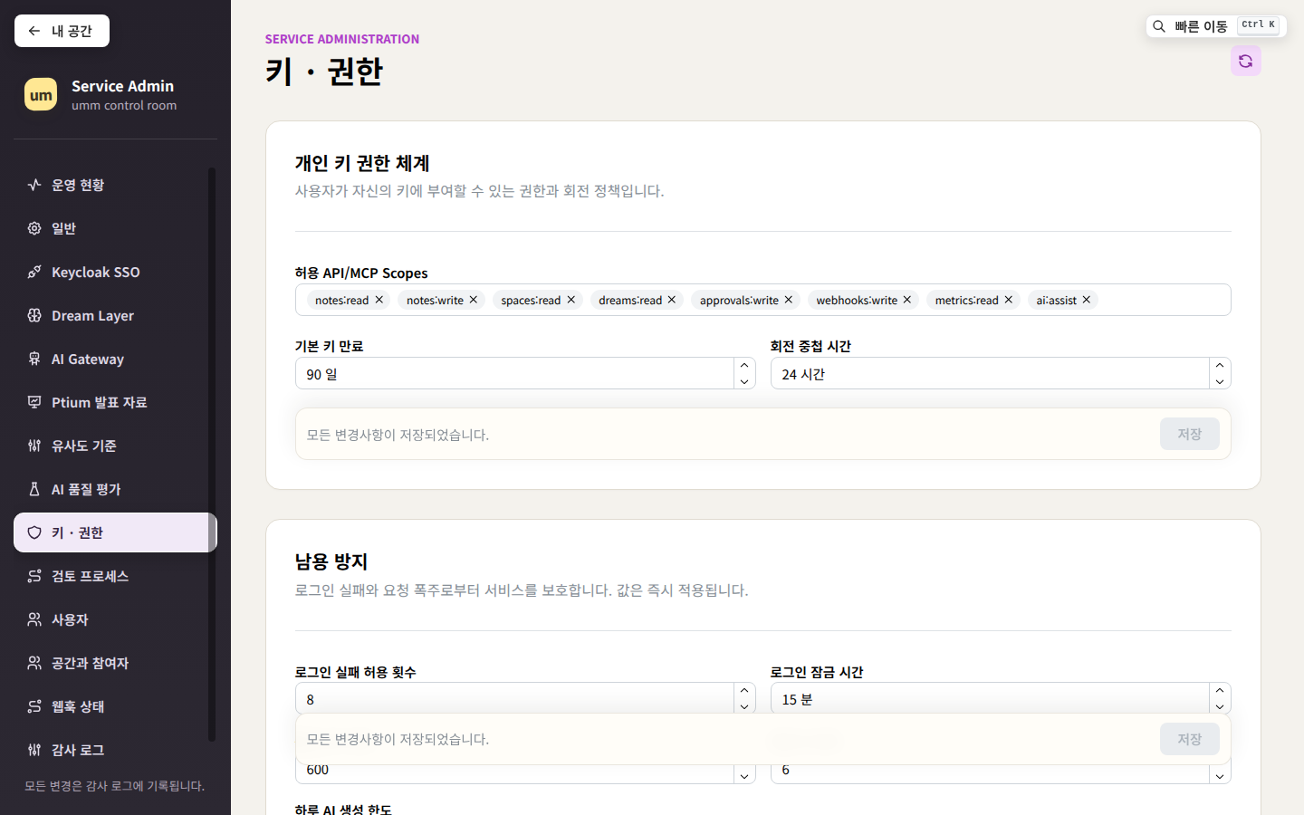 키 · 권한 — 허용 스코프, 기본 만료, 회전 중첩, 남용 방지 한도
