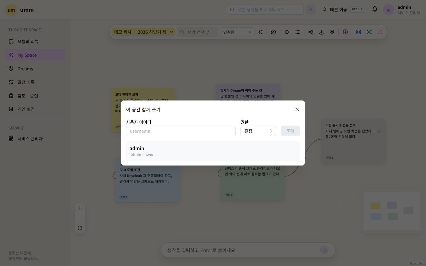 이 공간 함께 쓰기 — 사용자 아이디와 권한을 고르고 초대한다. 아래에 현재 참여자 목록