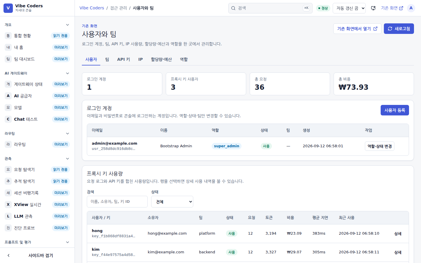 사용자와 팀 — 로그인 계정과 proxy key 사용량을 한 화면에서 관리한다