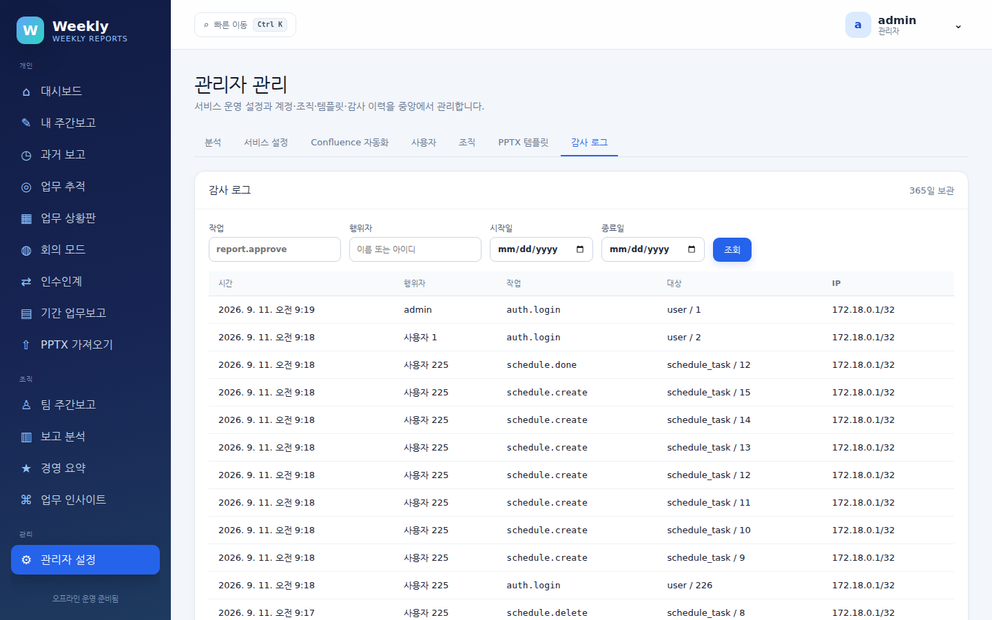 관리자 설정 — 감사 로그 탭. 로그인·상황판 생성·삭제 같은 이벤트가 행위자·IP 와 함께 남습니다