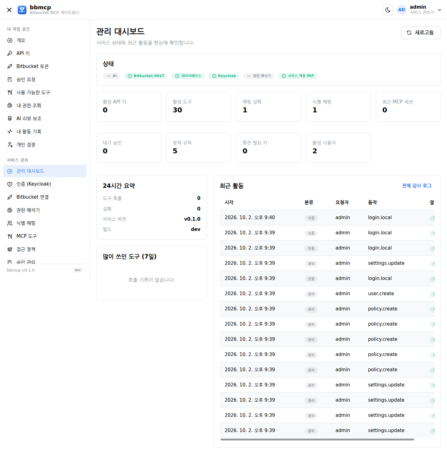 bbmcp 관리 대시보드: 구성 요소 상태, 주요 수치, 최근 활동