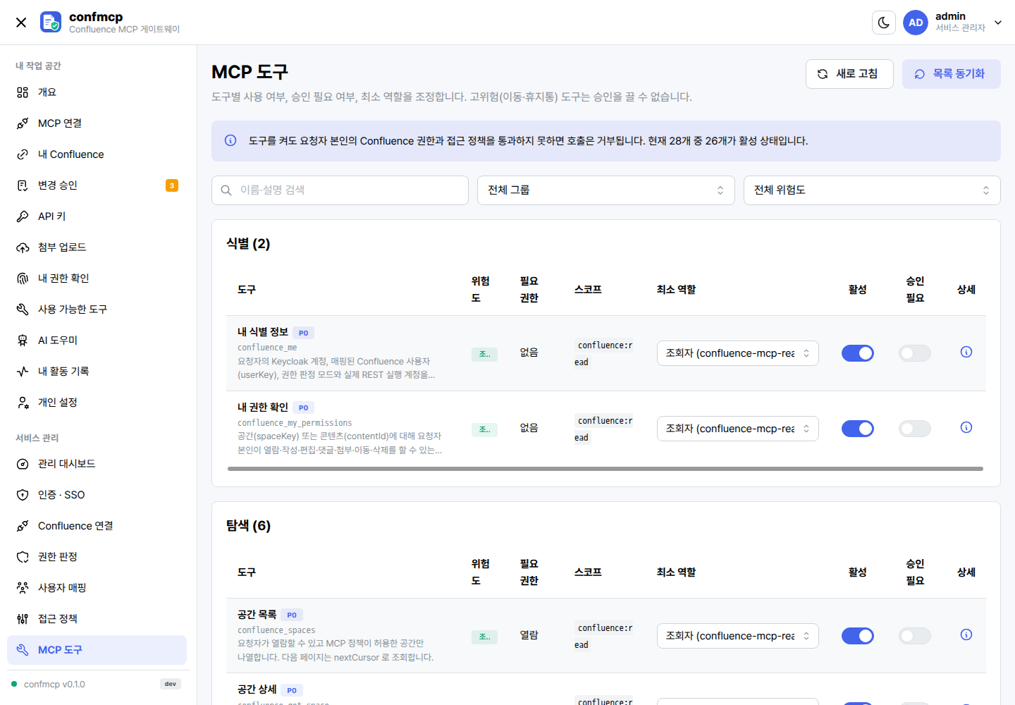 MCP 도구 화면: 도구별 그룹, 위험도, 사용 여부, 승인 필요, 최소 역할 설정
