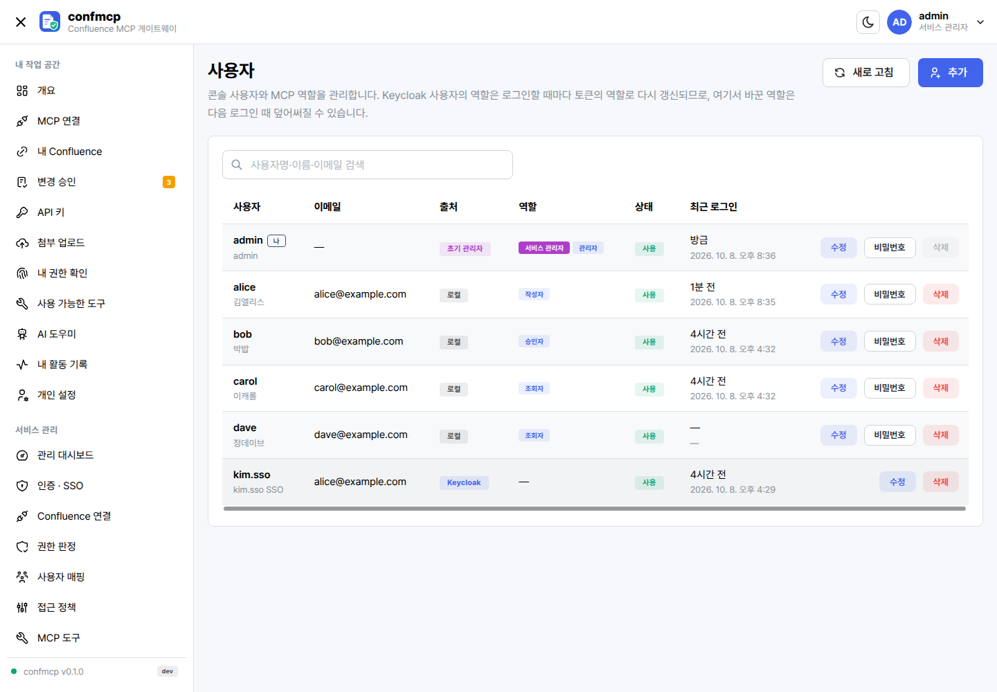 사용자 화면: 사용자 목록(사용자명, 인증 방식, 역할, 서비스 관리자, 활성)과 검색