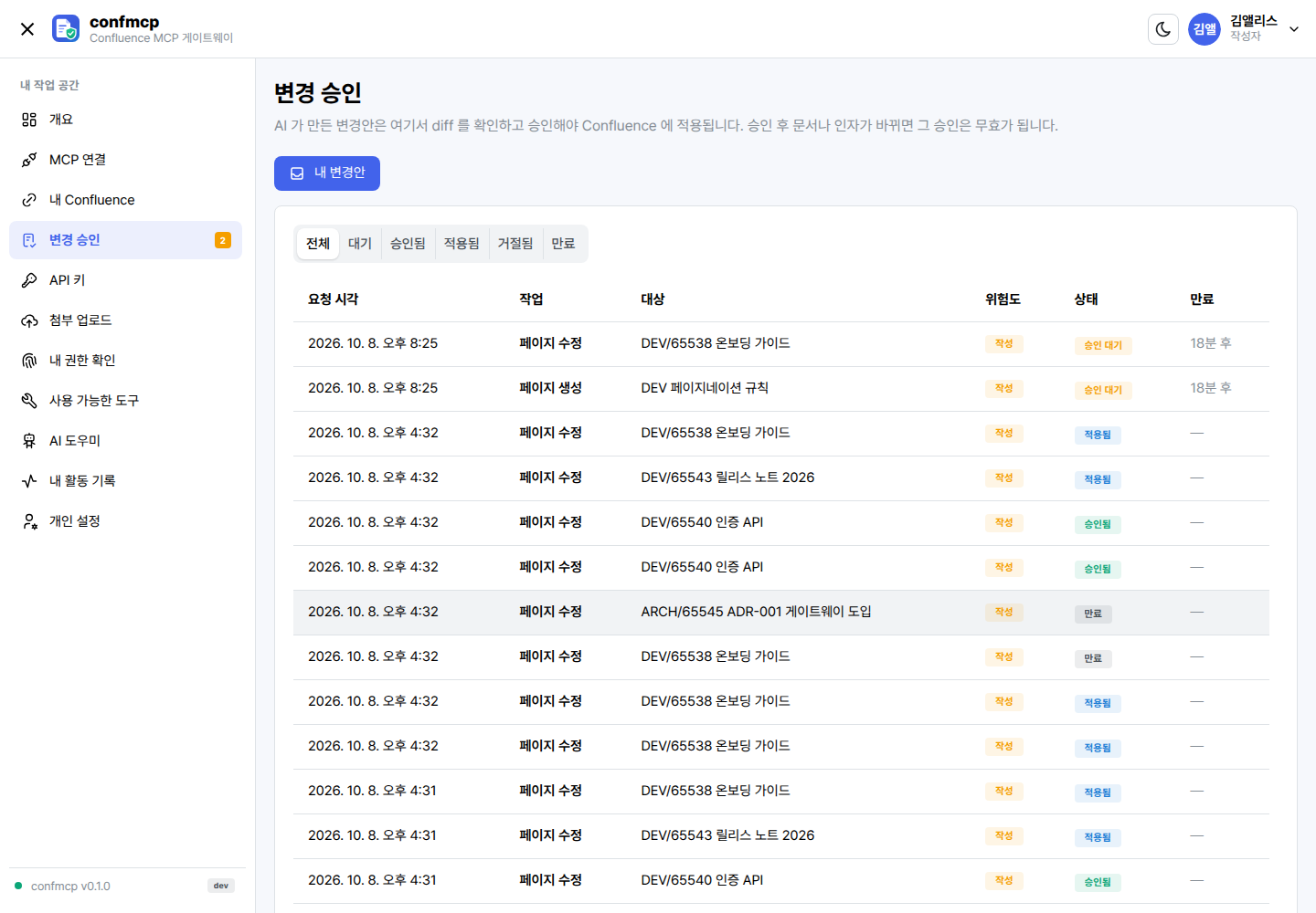 변경 승인 목록: 내가 요청한 변경안과 상태, 내가 승인할 수 있는 다른 사용자의 변경안
